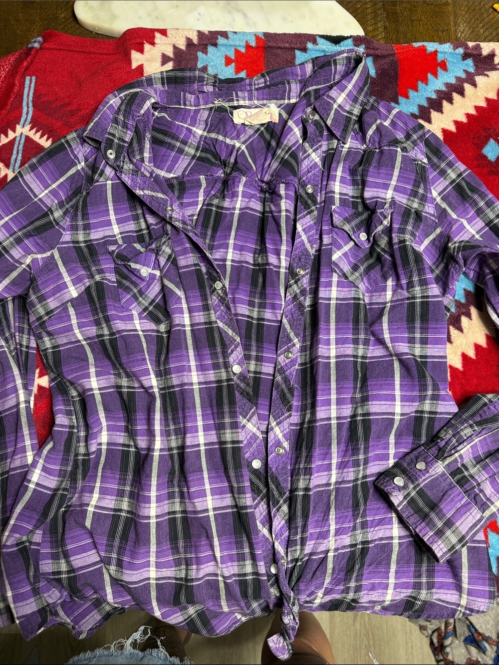 OP Purple Plaid Shirt with Rainbow Logo Trim